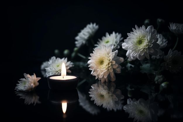 Фото Пламя горящей свечи хризантемы уютная красота generate ai