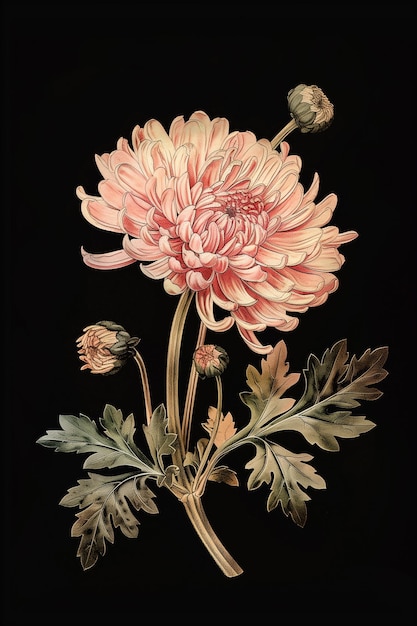 Photo chrysanthemum collage botanical sketch collection