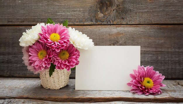 사진 ⁇ 은 나무 배경 에 빈 카드 가 있는 크리산테무스 꽃