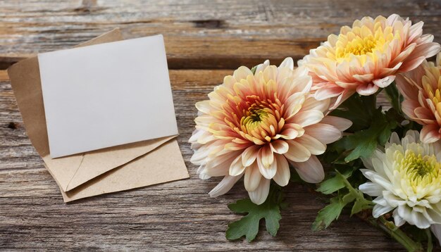 写真 古い木の背景に空白のカードを飾ったクリスアンテマスの花