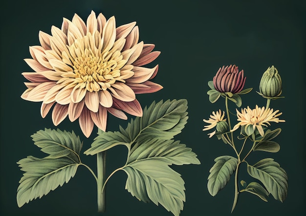 Chrysanthemum Mums Flower Botanical Illustration Dahlia Chrysanths Painting Generative AI Illustration