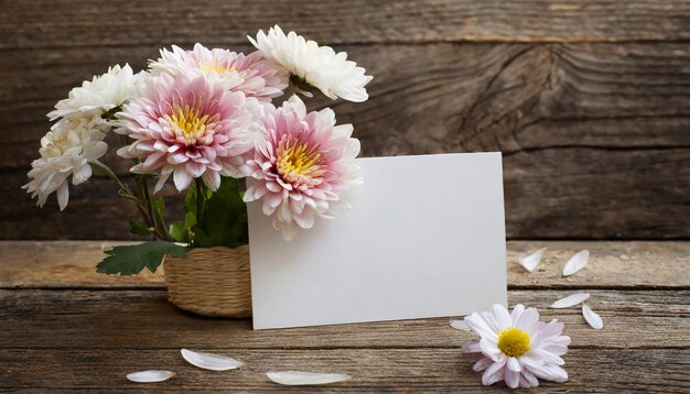 Foto chrysanthemumbloem met blanco kaart op een oude houten achtergrond