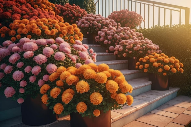 Chrysanthemums plants and flowers in pots on a doorstep leading to a garden or patio