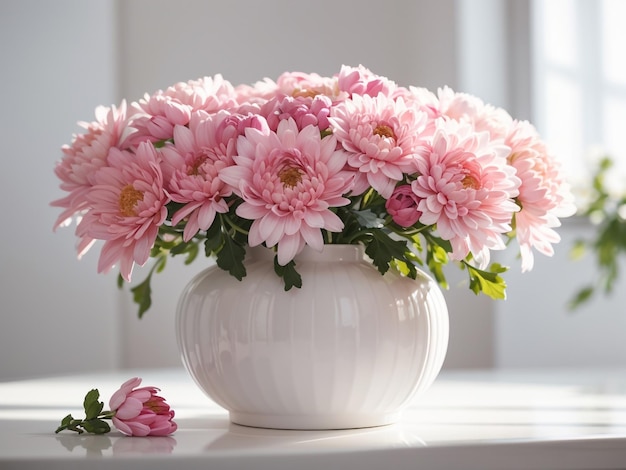 Chrysanthemums in White Vase on White Interior