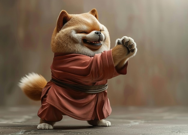 A chubby 3D cartoon dog in Kung Fu attire chuckling as it tries to perform a complicated martial art