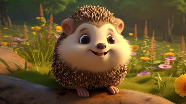 A chubby 3d cute hedgehog with big round eyes and a friendly smile