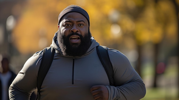 A chubby black man exercising and a healthy jogger walking in a city park