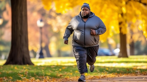 Photo a chubby black man exercising a healthy jogger walking in a city park