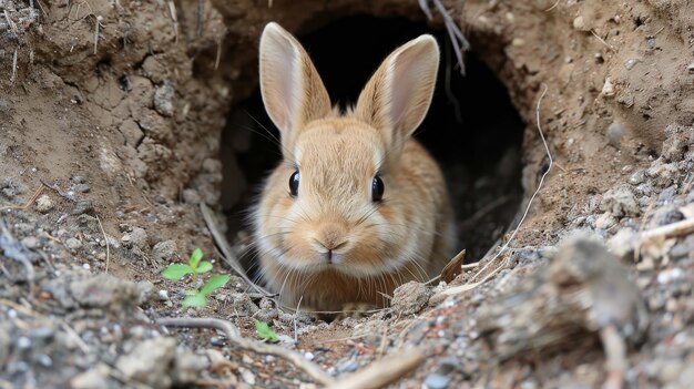 Photo chubby bunny poking its head out of a hole ai generated illustration
