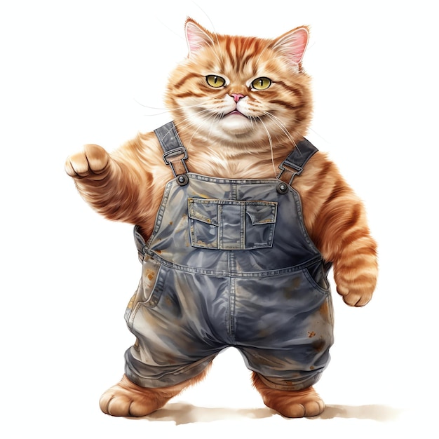 Chubby Cat in Overalls Rocking a Down to Earth Look watercolor style illustration for