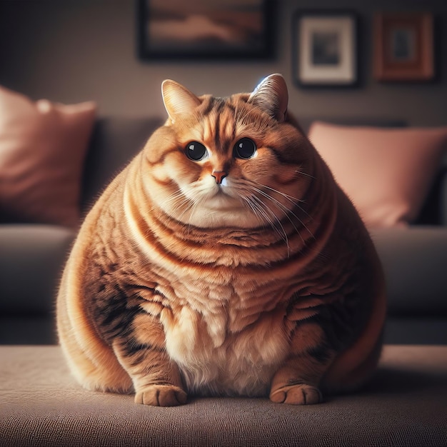 Chubby and cute orange cat sitting on a gray couch in a living room