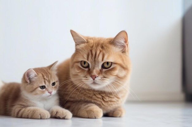 Chubby domestic cat leaning on a brown puppy lying on a white surface