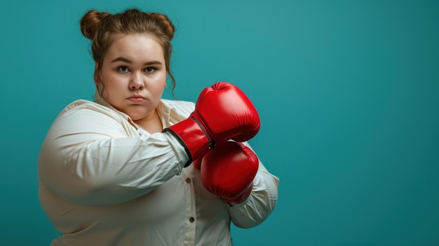 Foto una ragazza grassa con i guanti rossi da boxe ha allungato la mano in avanti una mossa di karate su uno striscione di sfondo blu