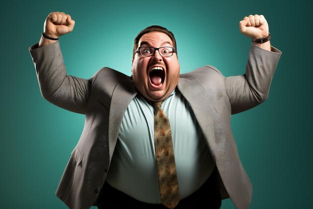 A chubby manager enthusiastically lifting weights isolated on a gradient background