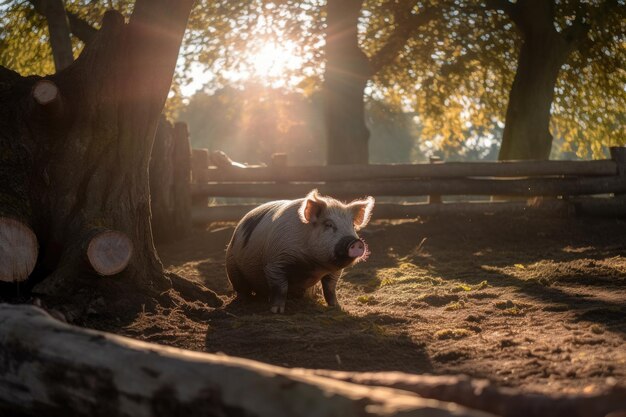 Chubby pink pig in the mud farm in the background generative IA