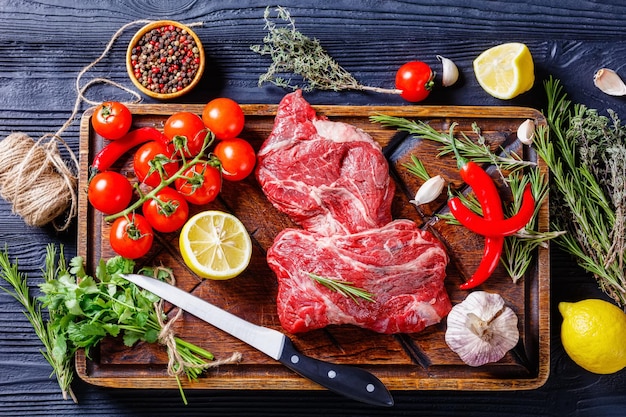 Chuck eye beef steaks on wooden board