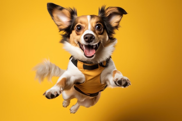 Chucky dog jumping up on a yellow background