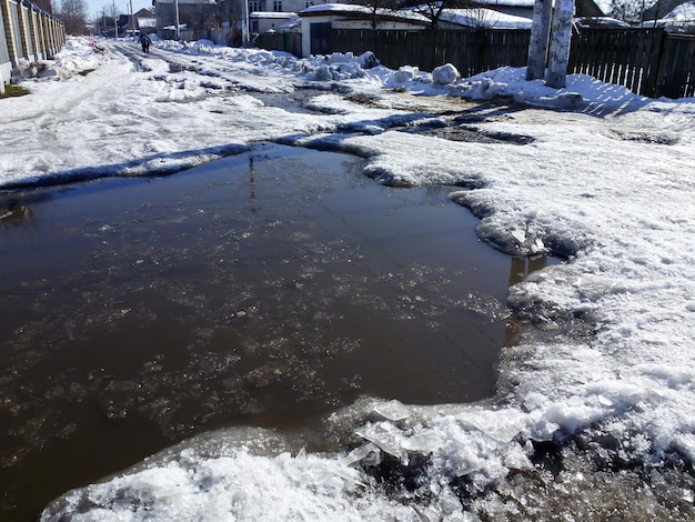 Chunks of ice float in a large puddle in the middle of a winter road