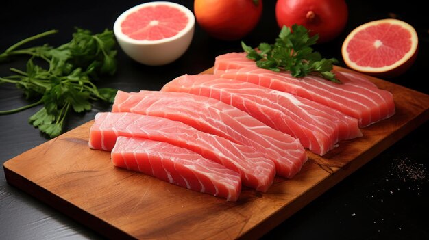 Photo chunks of red salmon or sockeye or coho salmon on a board