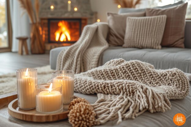 Chunky crocheted blanket in beige on a grey sofa