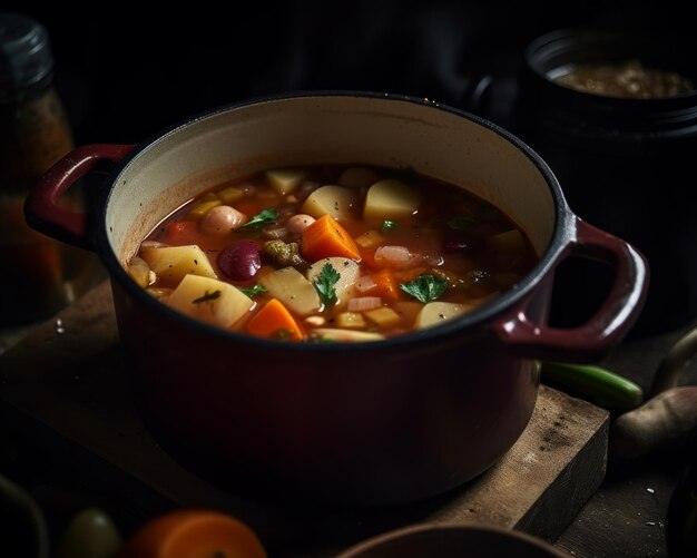 chunky groente soep in een rustieke pot op een kachel