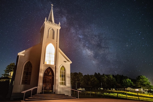 Church against star field at night