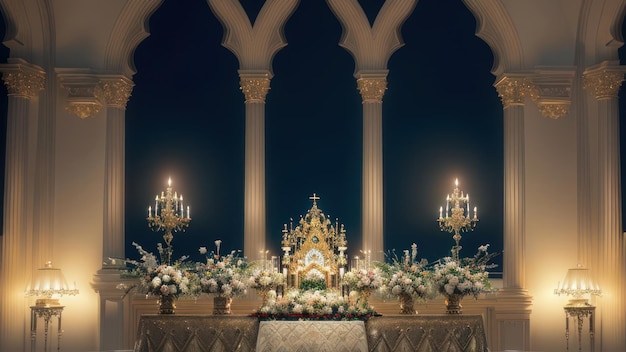 A church altar with candles and flowers in the background.