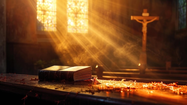 聖書とイエス・キリストの救いの十字架を持つ教会の明るい光の背景