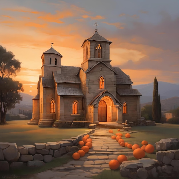 a church built with aged stones set against the warm glow of an orange evening