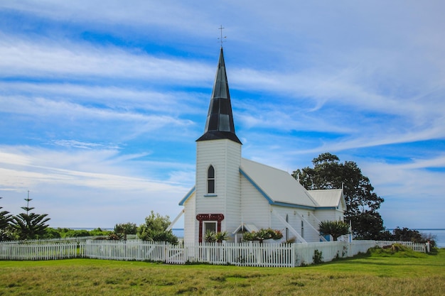 Church by building against sky