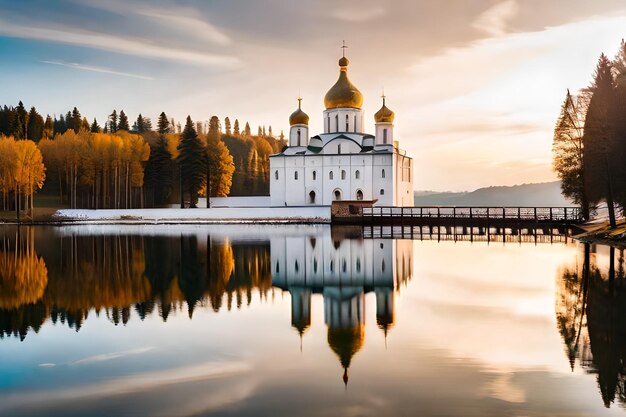 a church by the lake at sunset