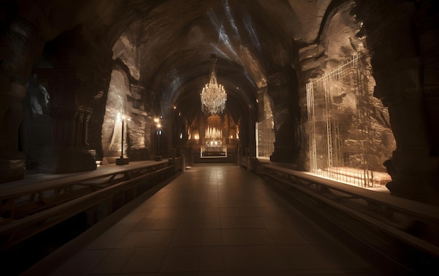 A church in a cave with a chandelier hanging from the ceiling