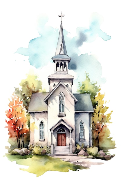 생성 AI와 흰색 배경에 고립 된 귀여운 교회 예배당 수채화 클립 아트