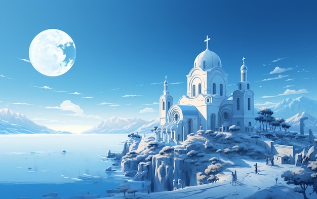 Церковь на скале Синий и Белый Генеративный ИИ