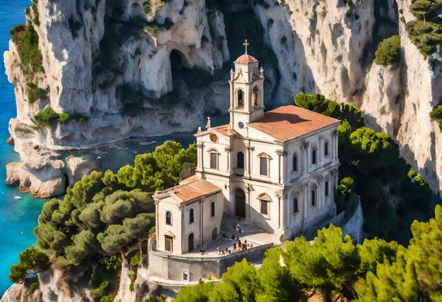 a church on a cliff with a mountain in the background