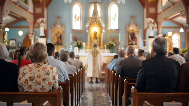 Church congregation sits in pews during a religious service