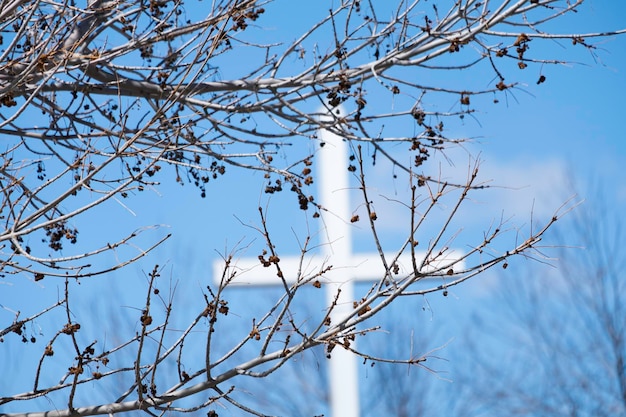 Photo church cross outdoors behind a tree