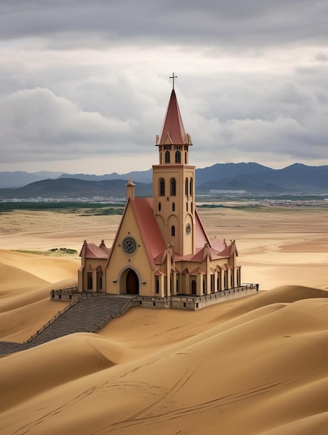 церковь в пустыне с крестом наверху.