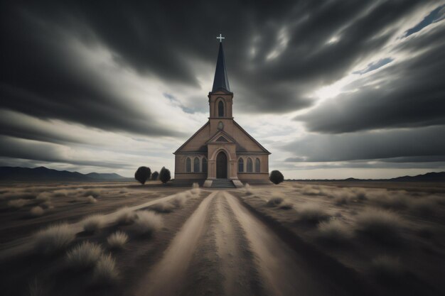 Церковь в пустыне с драматическим небом Концептуальное изображение генеративное