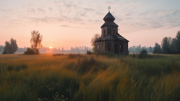 Photo a church in a field at sunset