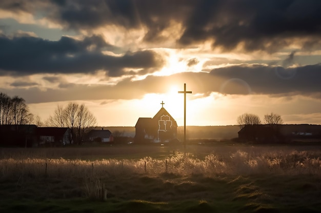 A church in a field with a cross on the top