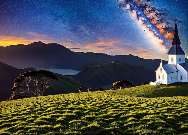 A church in a field with mountains and a starry sky