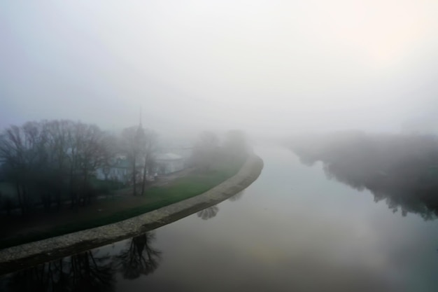 church fog top view, drone in vologda, landscape religion europe