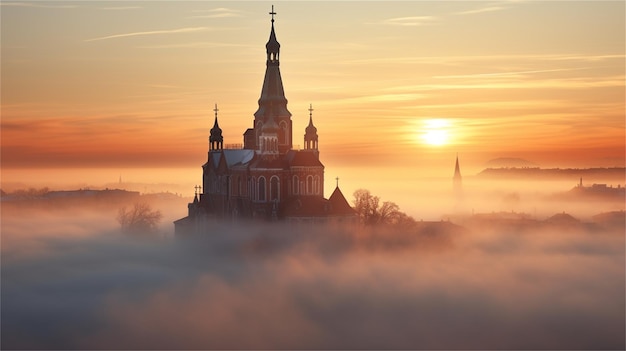 Church on a foggy morning with the sun rising behind it.