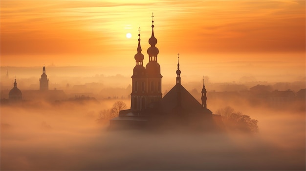 Church in the foggy sunrise