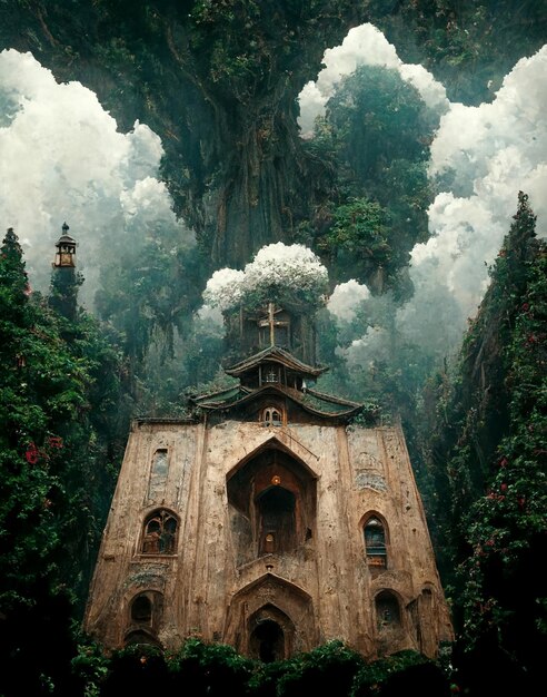 A church in the forest with a tree on the top