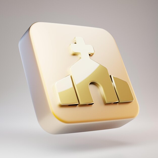 Church icon. Golden Church symbol on matte gold plate. 3D rendered Social Media Icon.