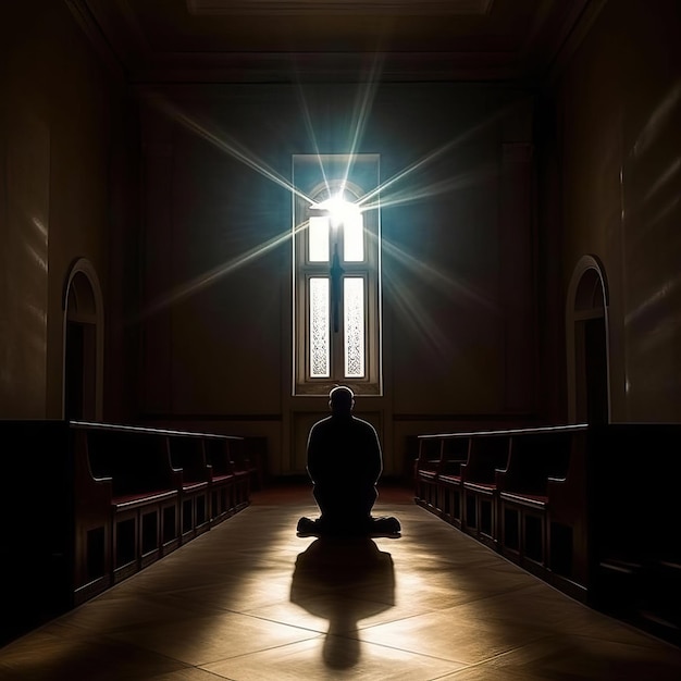 Photo church interior cross melancholy man in confession light an white background white background hd pho