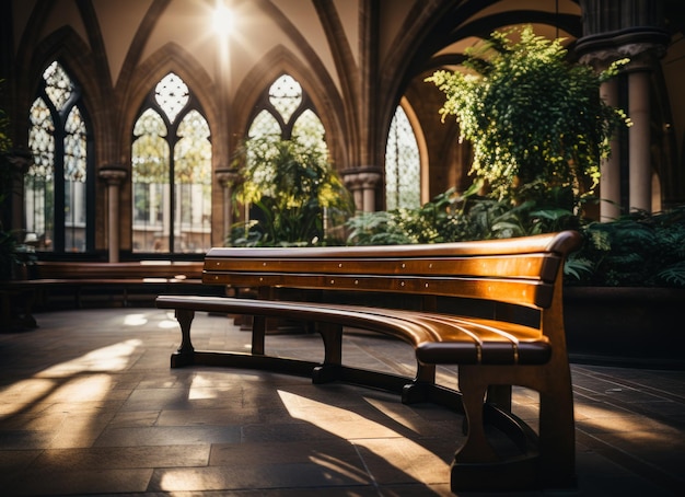 Photo church interior premium photo a wooden bench sitting inside of a building