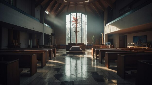 Church interior showing altar apse stained glass windows and large Christian cross AI generated